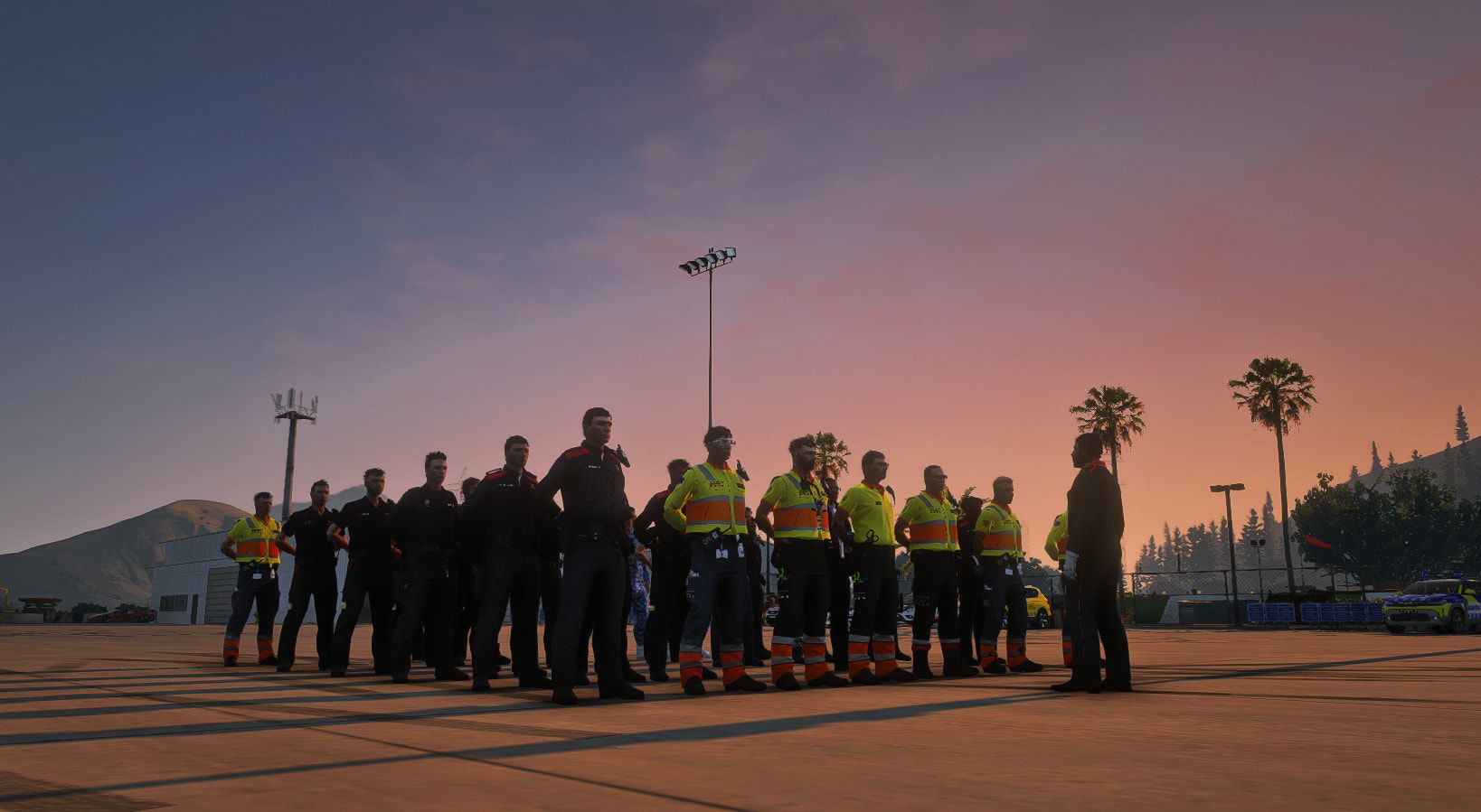 Agentes de varios cuerpos formados en fila al atardecer durante una formación