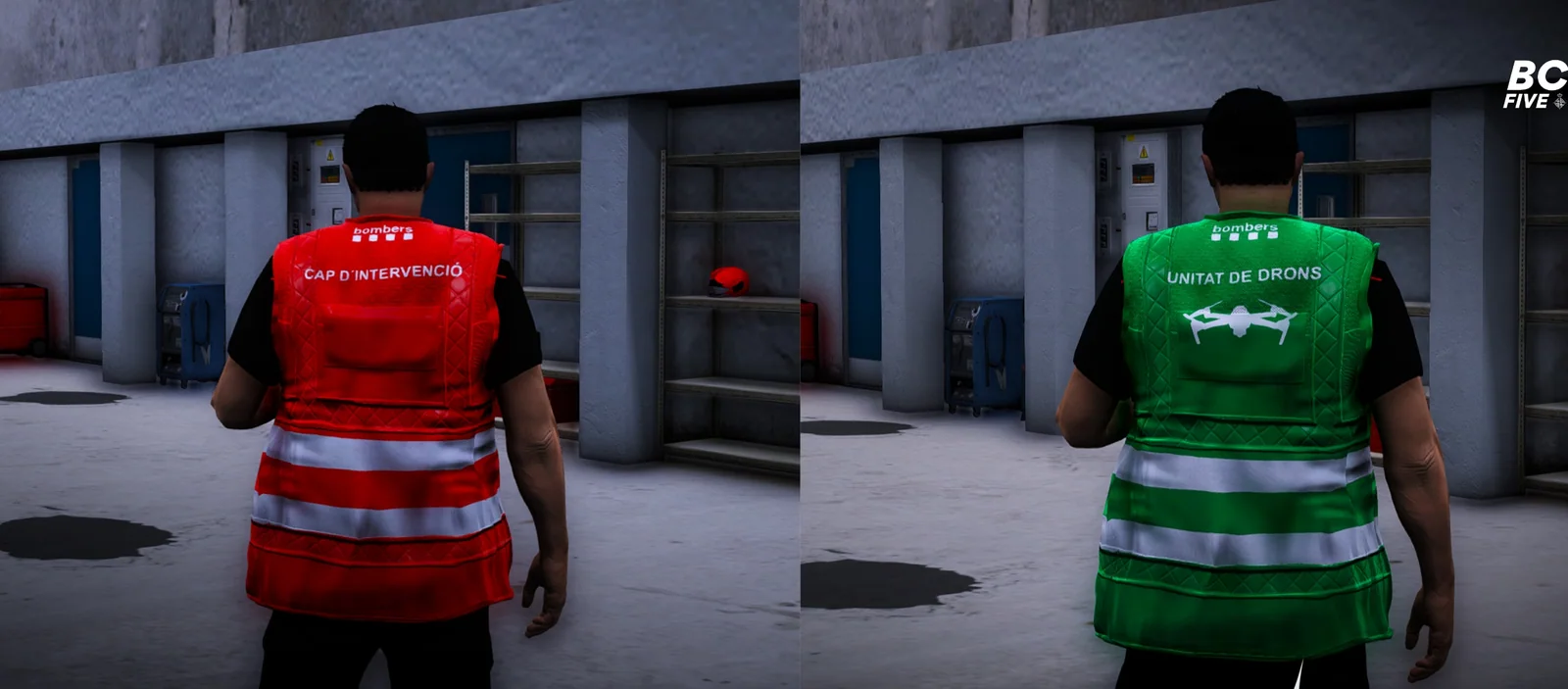Dos bomberos de espaldas con chalecos de mando rojo y verde