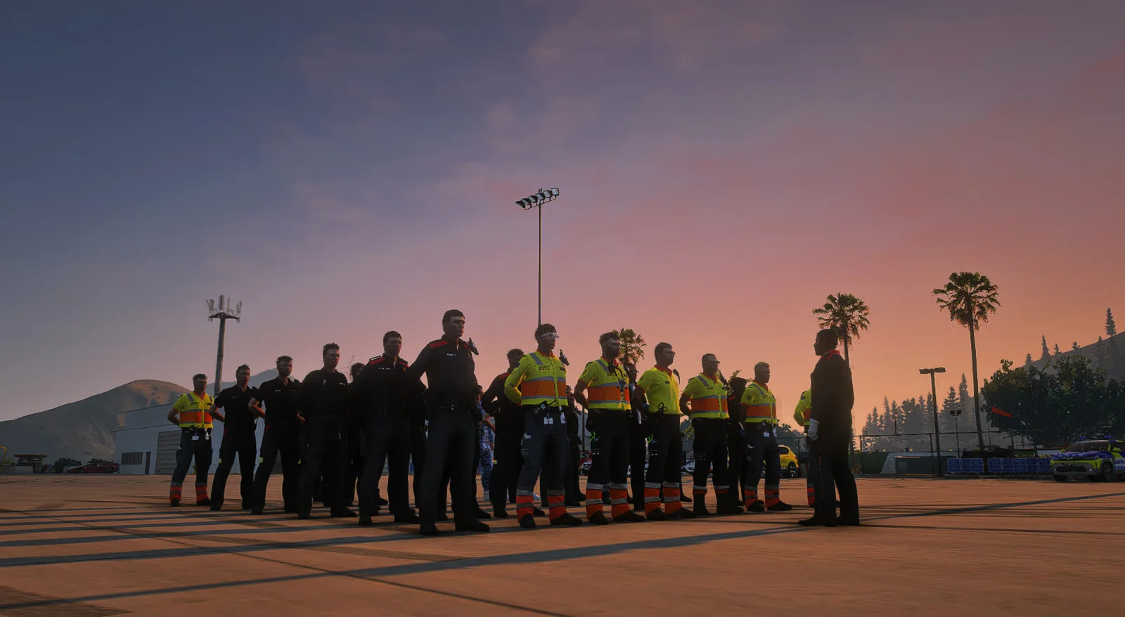 Formación de agentes al atardecer